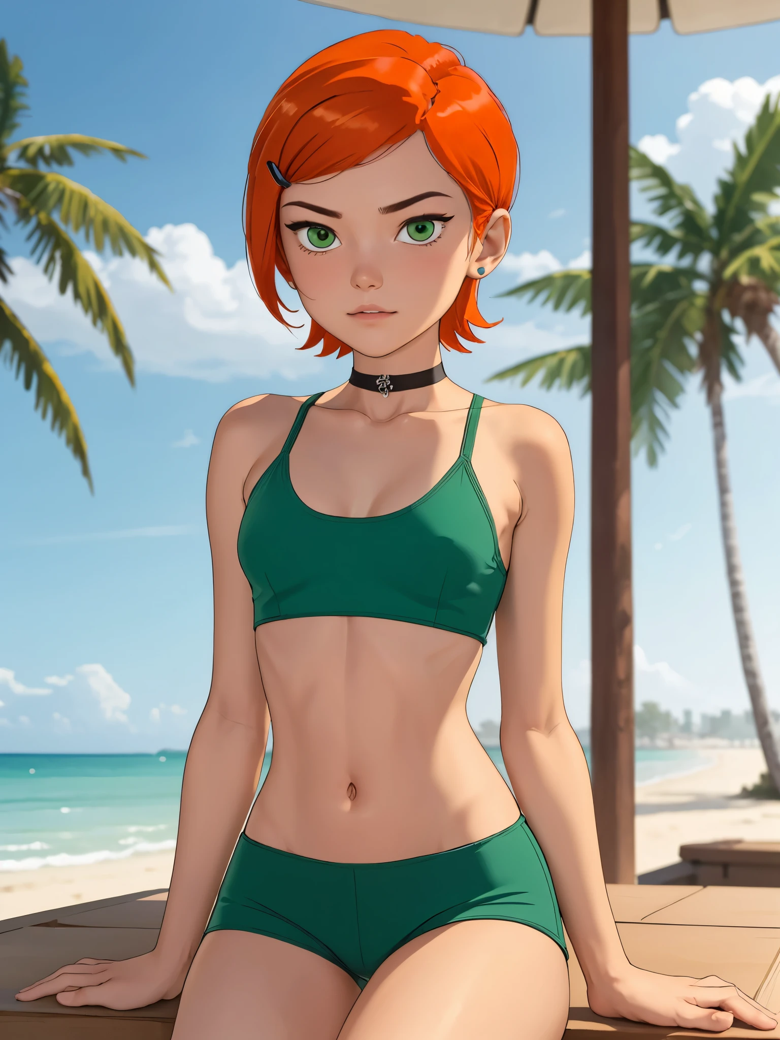 Gwen Tennyson. 1girl. ginger. short hair. green eyes. small sagging breasts. big hips. slim body. choker. swimsuit. shorts. beach. bar. sitting.