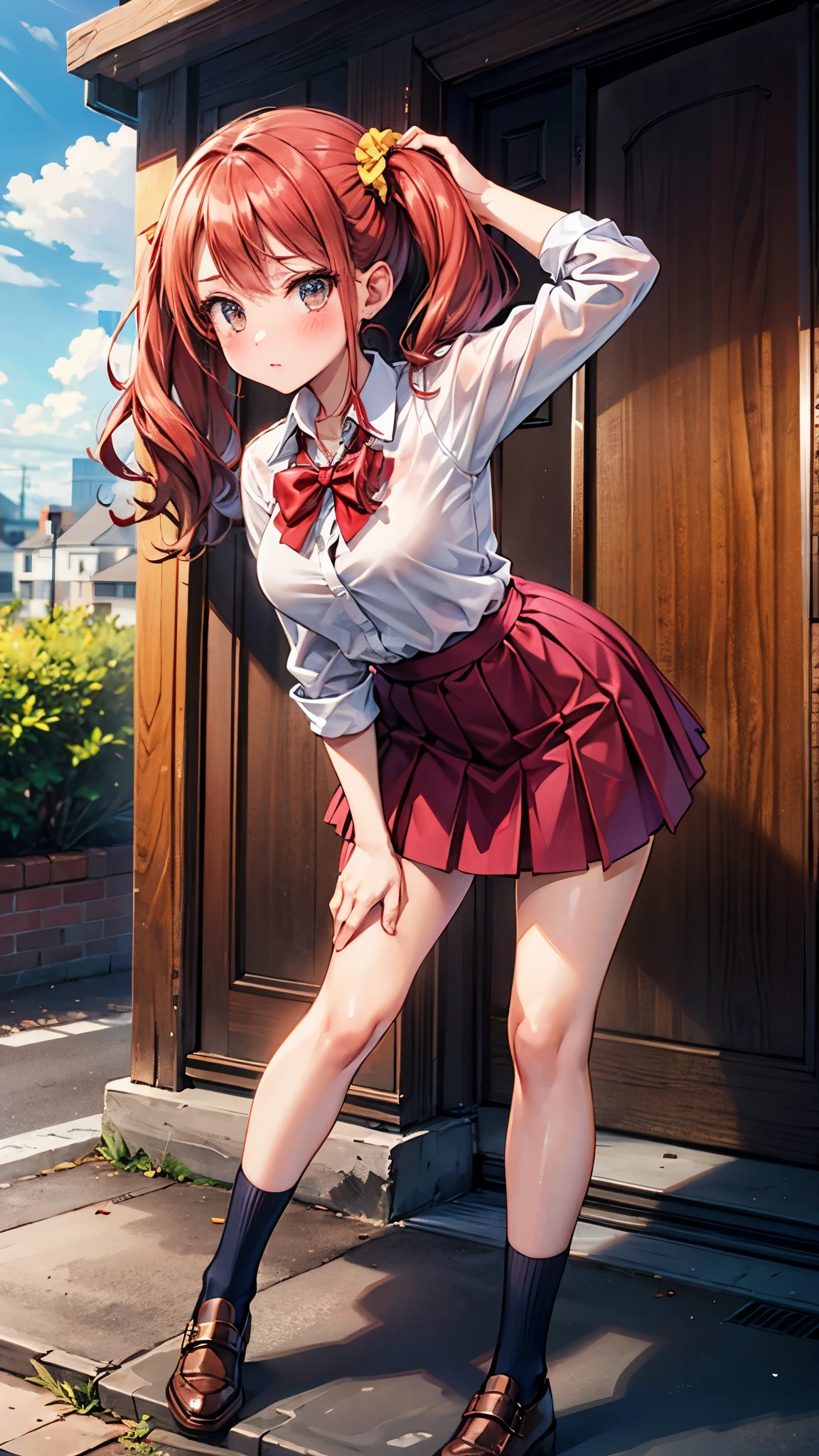 （（super high quality,））（（Ultra-high resolution,））（16k,）（super masterpiece,）（（Ultra HD ,））（Detailed shading,）One high school girl,Twin tails,White dress shirt,Red bow tie,Folded sleeves,A pink scrunchie on one arm,One hand on her skirt and one on her head,Red Skirt,Navy blue socks,Embarrassing,blush,Leaning forward greatly,Park in the morning sun,The wind lifts her hair and skirt,