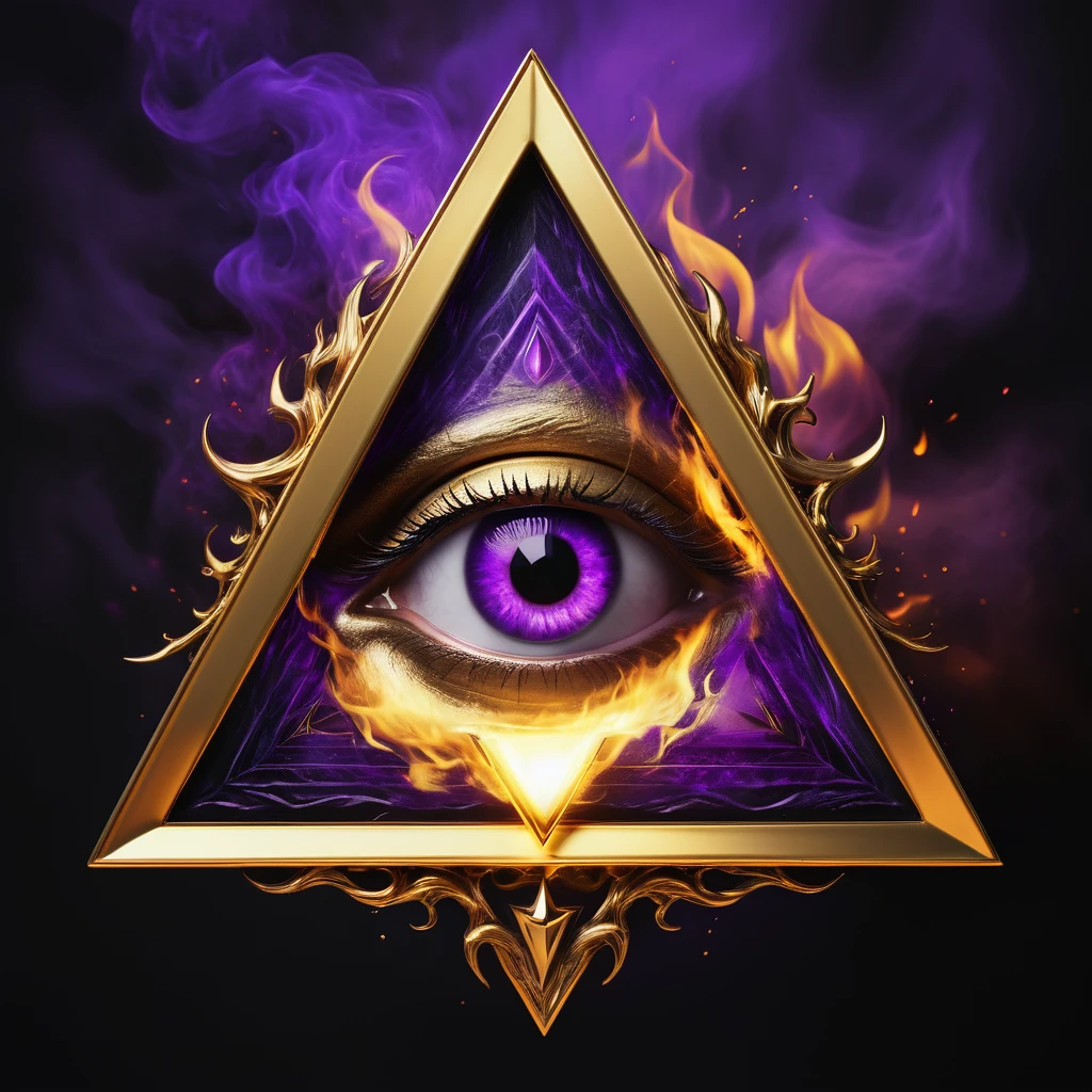 a terrorific purple eye inside a gold triangle, caothic flames background, a blank gothic banner in botton of frame floating, souls floating around