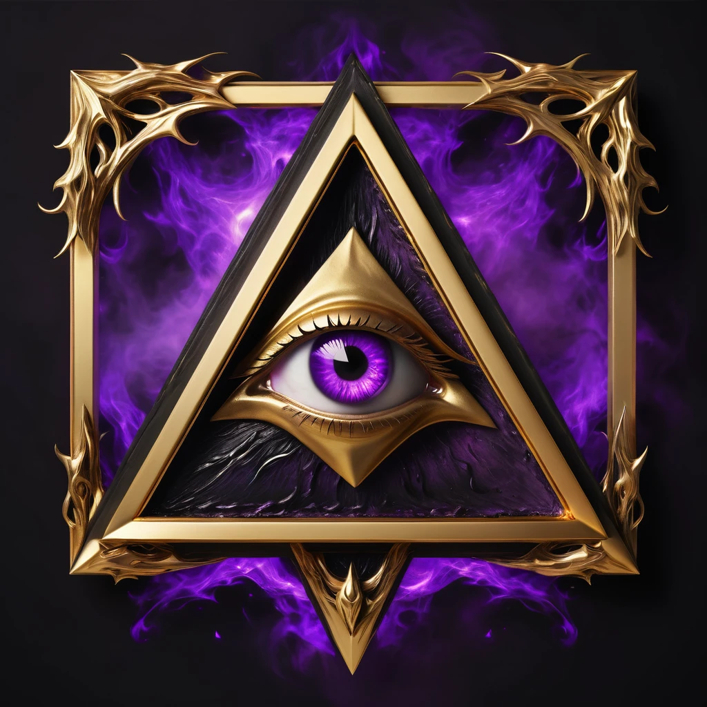 a terrorific purple eye inside a gold triangle, caothic flames background, a blank gothic banner in botton of frame floating, souls floating around