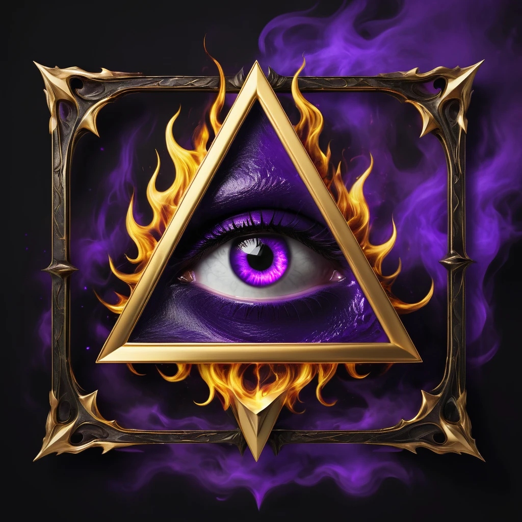 a terrorific purple eye inside a gold triangle, caothic flames background, a blank gothic banner in botton of frame floating, souls floating around