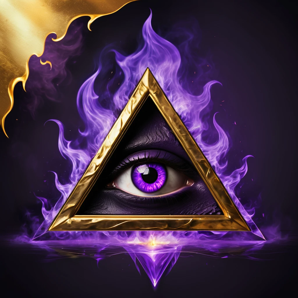 a terrorific purple eye inside a gold triangle, caothic flames background, a blank gothic banner in botton of frame floating, souls floating around