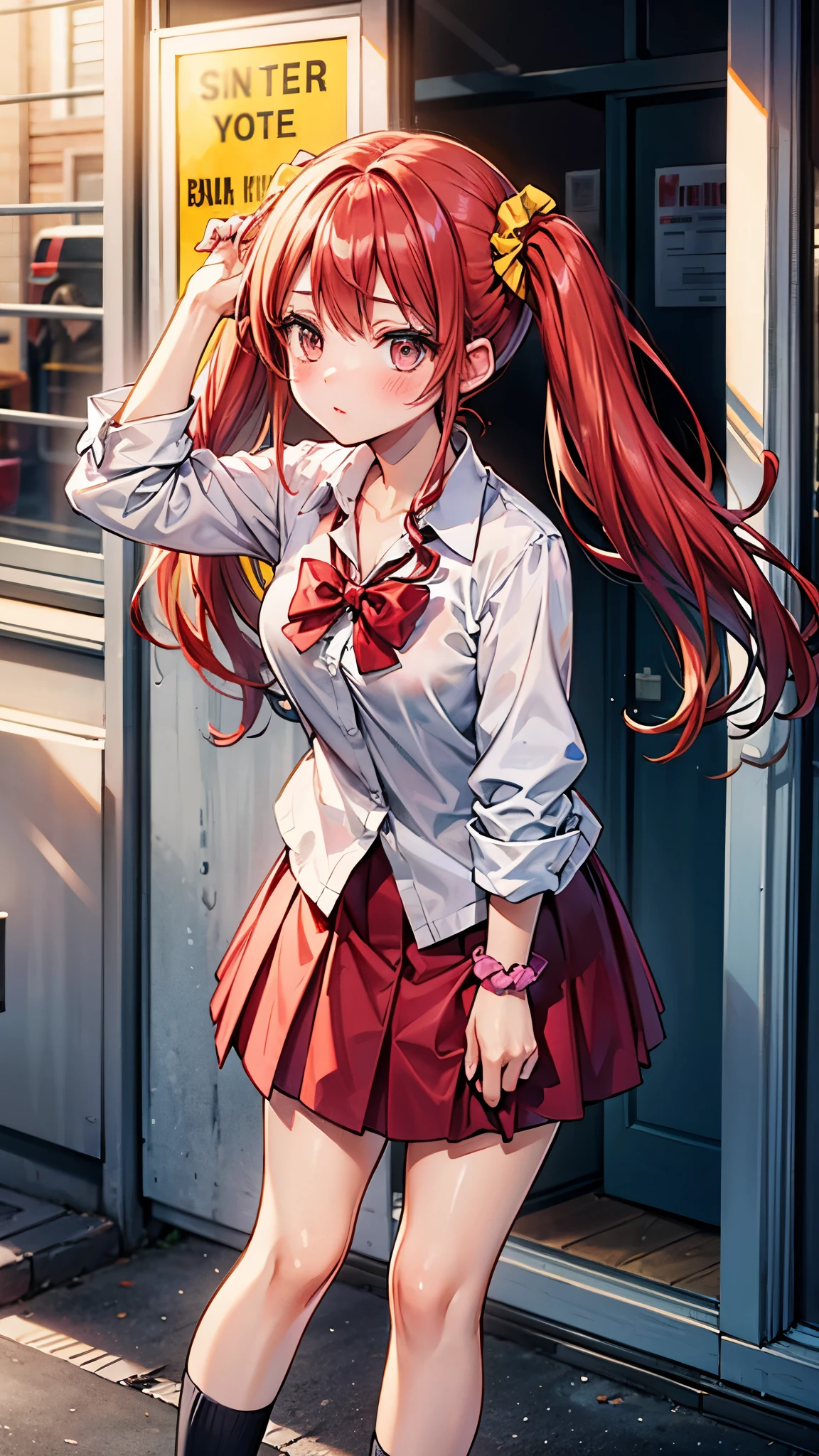 （（super high quality,））（（Ultra-high resolution,））（16k,）（super masterpiece,）（（Ultra HD ,））（Detailed shading,）One high school girl,Twin tails,White dress shirt,Red bow tie,Folded sleeves,A pink scrunchie on one arm,One hand on her skirt and one on her head,Red Skirt,Navy blue socks,Embarrassing,blush,Leaning forward greatly,Park in the morning sun,The wind lifts her hair and skirt,