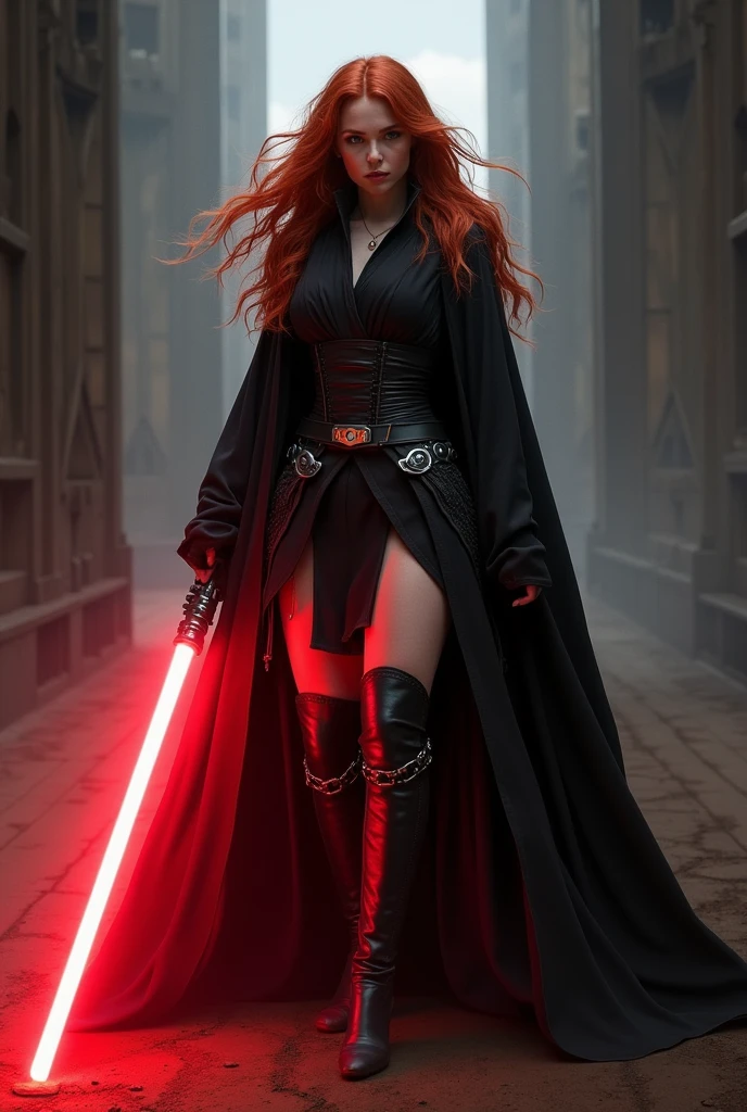 (full body shot:1) photorealistic image of a (standing pose:1) ultrarealistic, photography, long red hair, woman, 24 years old, hourglass figure, perfect body, seductive look, natural medium breasts, blur background, in complete darkness, she is wearing a sith robe, she is holding a red lightsaber, the lightsaber is the only lightsource, on a dark destroyed spacestation, she is walking towards the camera, explosion in the background, long sexy legs