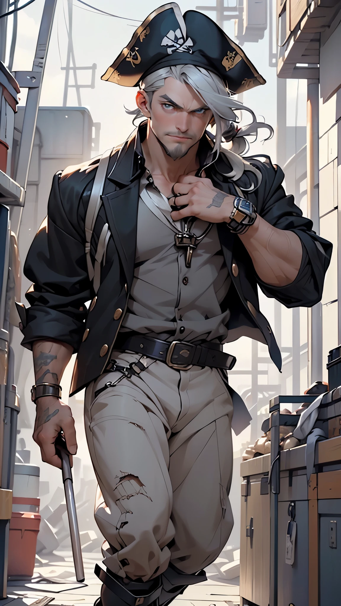 Um jovem Homem, cabelo preto curto, Muscles, corpo perfeito, chained hands, inmate in prison, jaqueta preto, Infrator da lei, olhos viciosos, arquitetura prisional, tons escuros, Estilo realista, disco Rigido, best quality, Filmes, 8k, papel de parede, Ambiente escuro, suit jacket, leather pants, belt, graves, barba escura