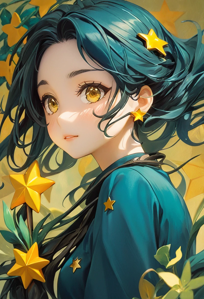 Girl with long dark turquoise hair, yellow eyes, yellow happy star pin in her hair