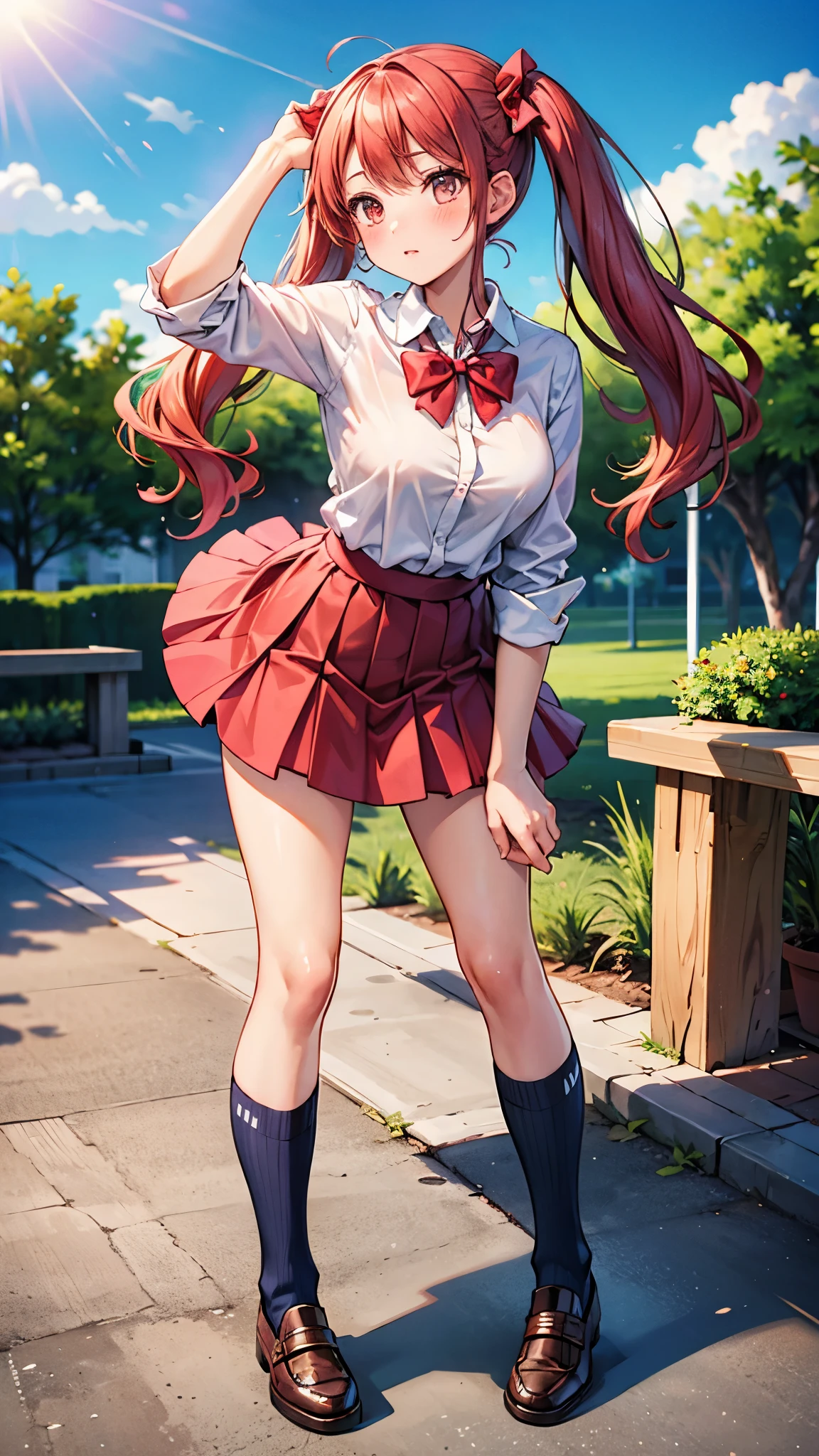 （（super high quality,））（（Ultra-high resolution,））（16k,）（super masterpiece,）（（Ultra HD ,））（Detailed shading,）One high school girl,Twin tails,White dress shirt,Red bow tie,Folded sleeves,A pink scrunchie on one arm,One hand on her skirt and one on her head,Red Skirt,Navy blue socks,Embarrassing,blush,Leaning forward greatly,Park in the morning sun,The wind lifts her hair and skirt,