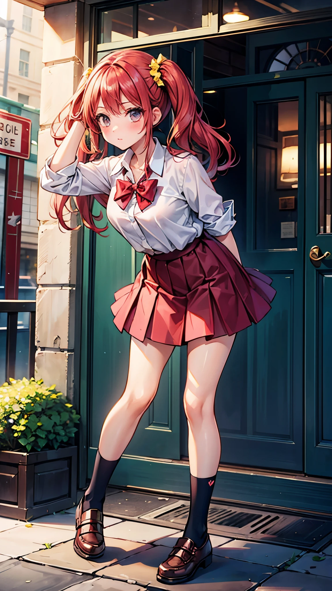 （（super high quality,））（（Ultra-high resolution,））（16k,）（super masterpiece,）（（Ultra HD ,））（Detailed shading,）One high school girl,Twin tails,White dress shirt,Red bow tie,Folded sleeves,A pink scrunchie on one arm,One hand on her skirt and one on her head,Red Skirt,Navy blue socks,Embarrassing,blush,Leaning forward greatly,Park in the morning sun,The wind lifts her hair and skirt,