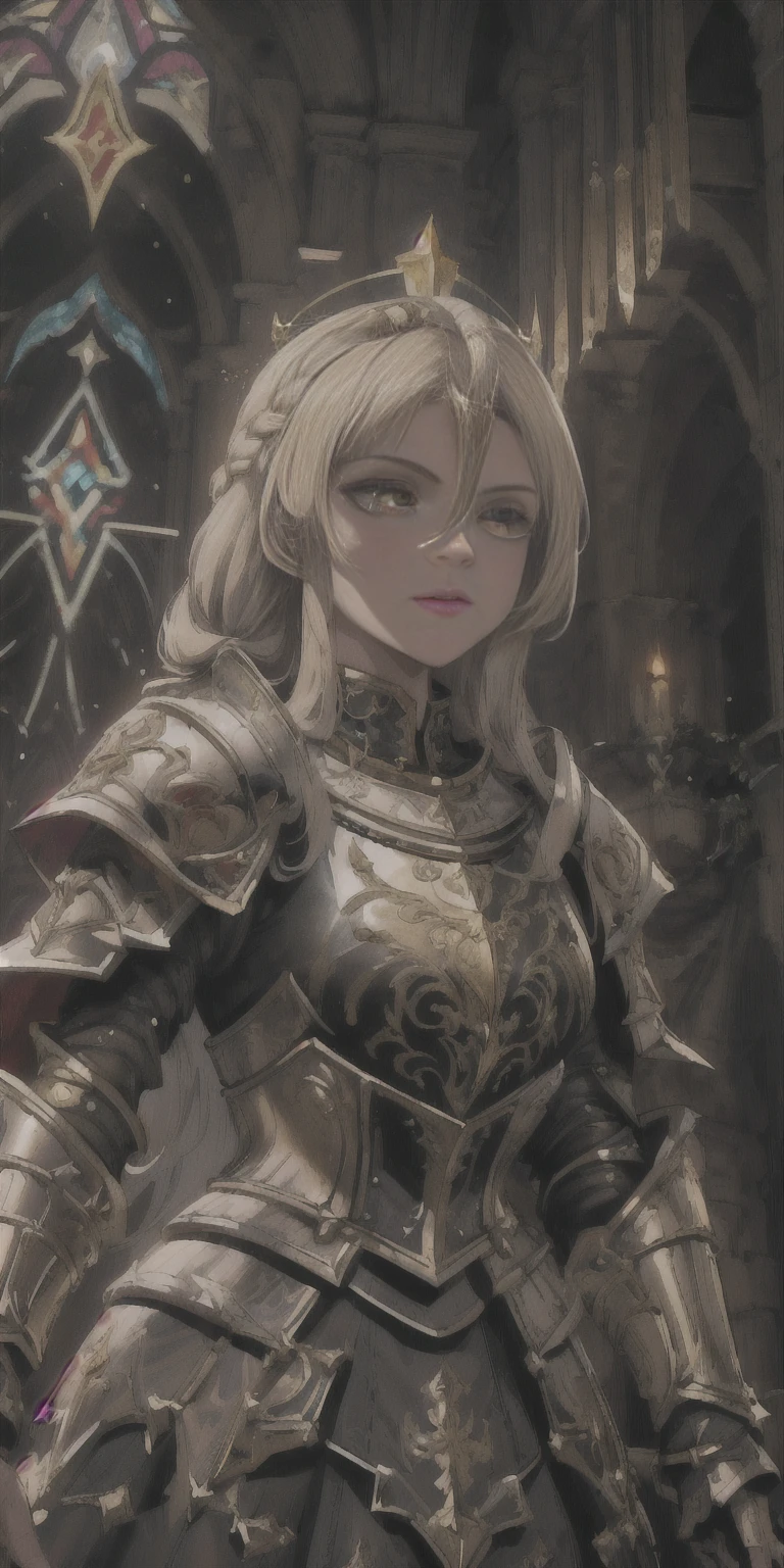masterpiece, best quality, 1girl, teenager, female focus, solo, blonde hair, short hair, vibrant brown eyes, looking at viewer, High quality metal texture, closed mouth, bangs, high collar,(kbxll:0.6), Fantasy aesthetics, Highly detailed, shadowverse style, white noble outfit