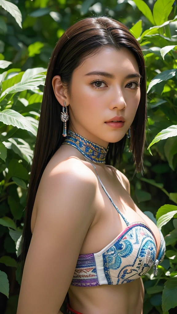 High resolution、masterpiece、Textured skin、high quality、超High resolution、Very detailed、woman、Indigenous hairstyles、Indigenous Costume、Face close-up、Looking at the camera、Large Breasts、Perfect Style、Long legs、