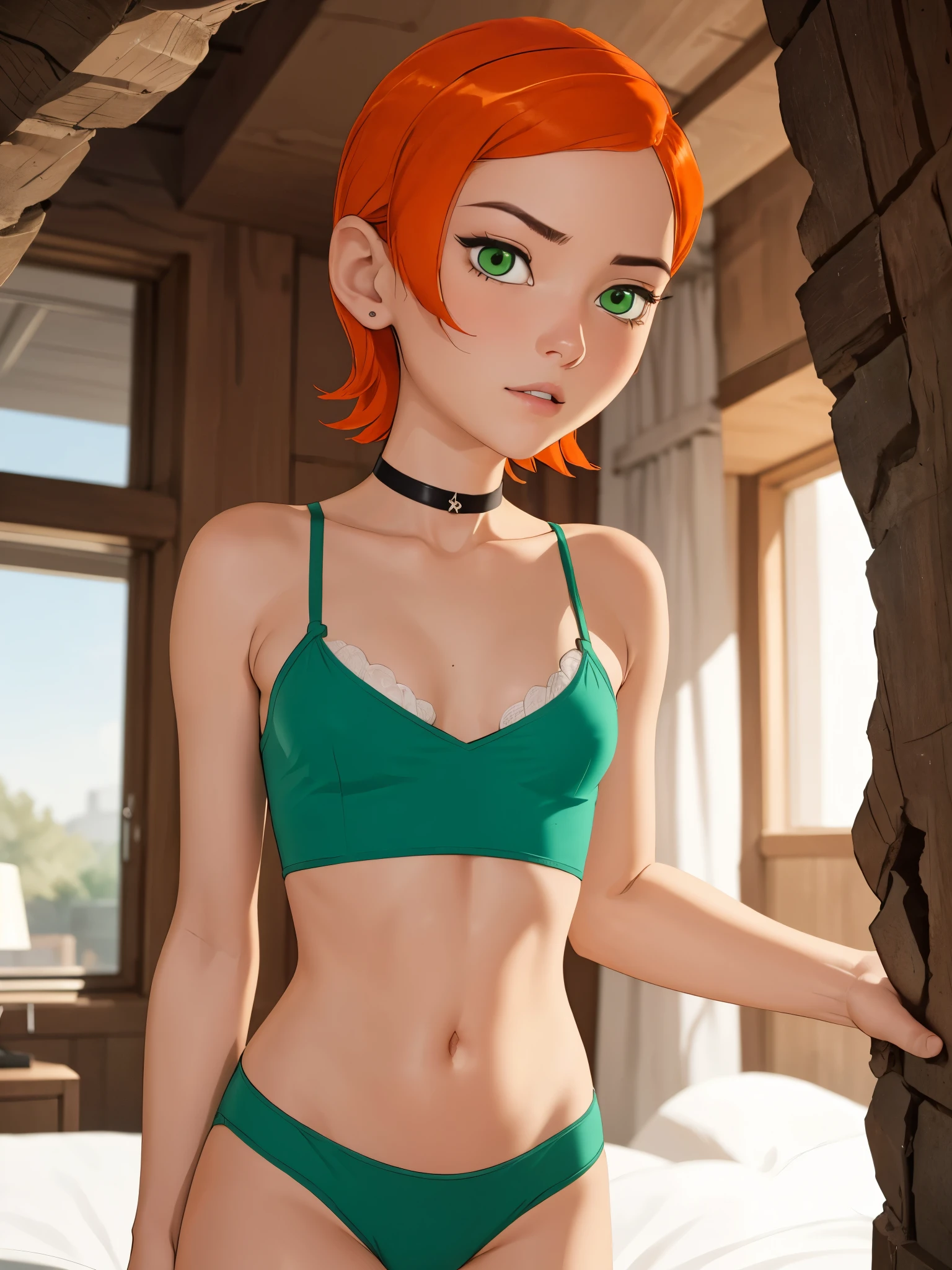 Gwen Tennyson. 1girl. ginger. short hair. green eyes. small sagging breasts. big hips. slim body. choker. nightie. bed. cave