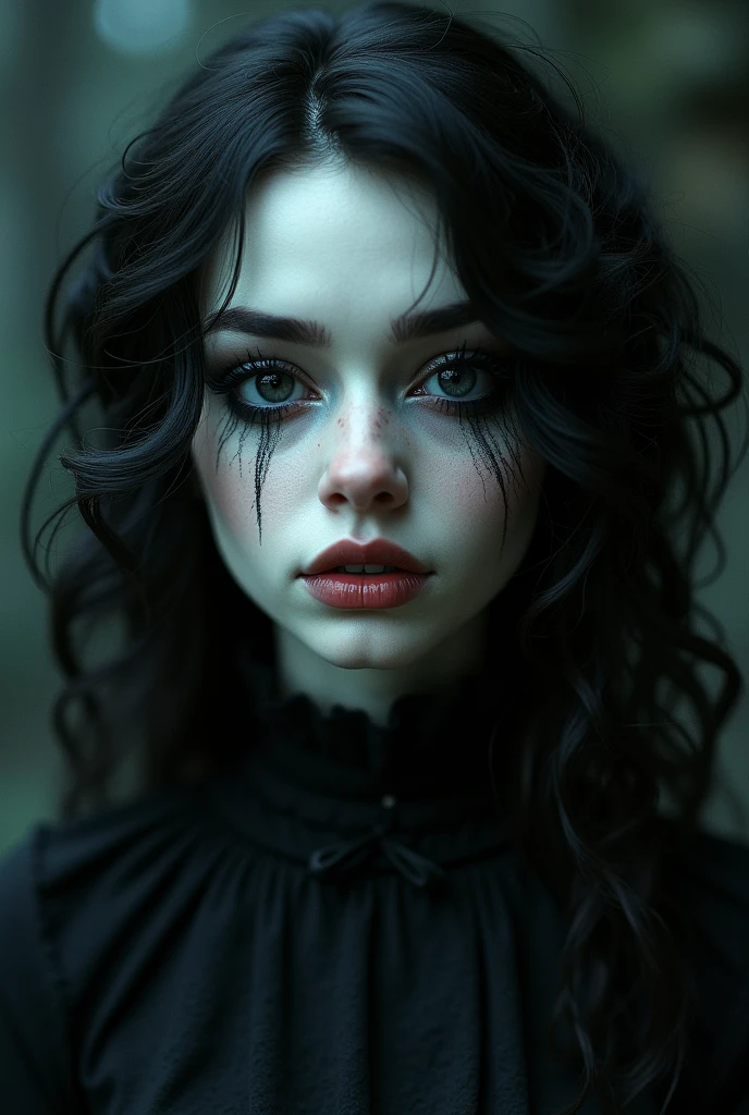 Long black hair. Teal blue eyes, Male, Blue and black frilly gothic clothes, Surrealism, Masterpiece, Shiny, Gloomy effects, 8k, super detail, Shiny, Beautifully detailed, Pretty drawn. Make it a scary doll. He's a doll. Bloody, a scary doll.