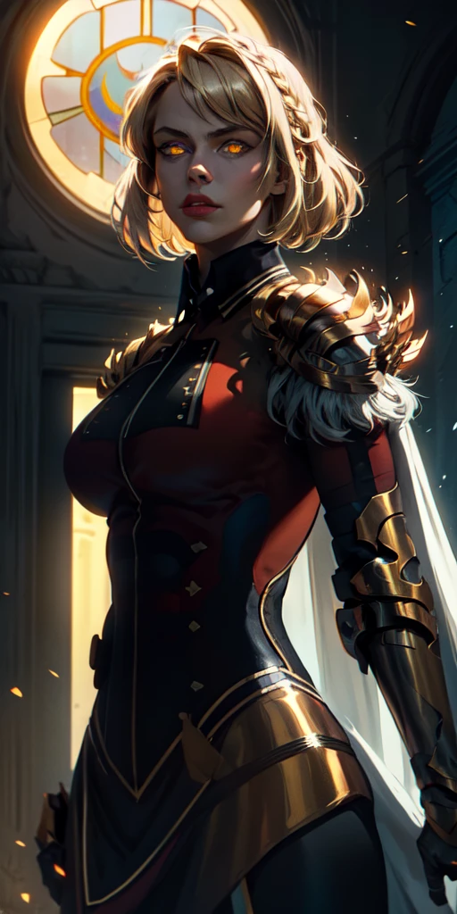 upper body of paladin lady in ornate golden armor, black collar, pauldrons, breastplate, corset, glowing halo, single braid, blonde, yellow glowing eyes, bright pupils, eye focus, red cape, temple indoors, stained glass windows, night, moonlight, particles, light beam, chromatic aberration