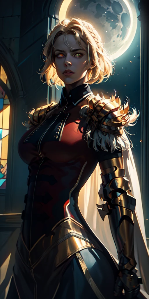 upper body of paladin lady in ornate golden armor, black collar, pauldrons, breastplate, corset, glowing halo, single braid, blonde, yellow glowing eyes, bright pupils, eye focus, red cape, temple indoors, stained glass windows, night, moonlight, particles, light beam, chromatic aberration