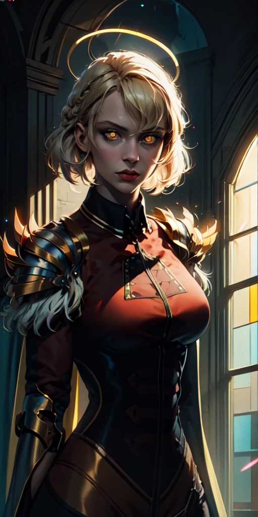 upper body of paladin lady in ornate golden armor, black collar, pauldrons, breastplate, corset, glowing halo, single braid, blonde, yellow glowing eyes, bright pupils, eye focus, red cape, temple indoors, stained glass windows, night, moonlight, particles, light beam, chromatic aberration