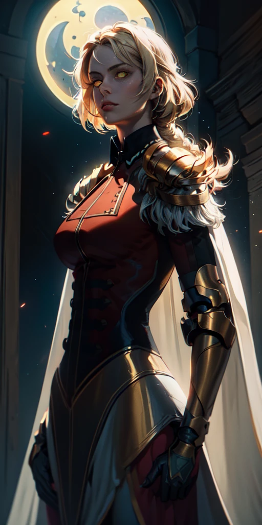 upper body of paladin lady in ornate golden armor, black collar, pauldrons, breastplate, corset, glowing halo, single braid, blonde, yellow glowing eyes, bright pupils, eye focus, red cape, temple indoors, stained glass windows, night, moonlight, particles, light beam, chromatic aberration