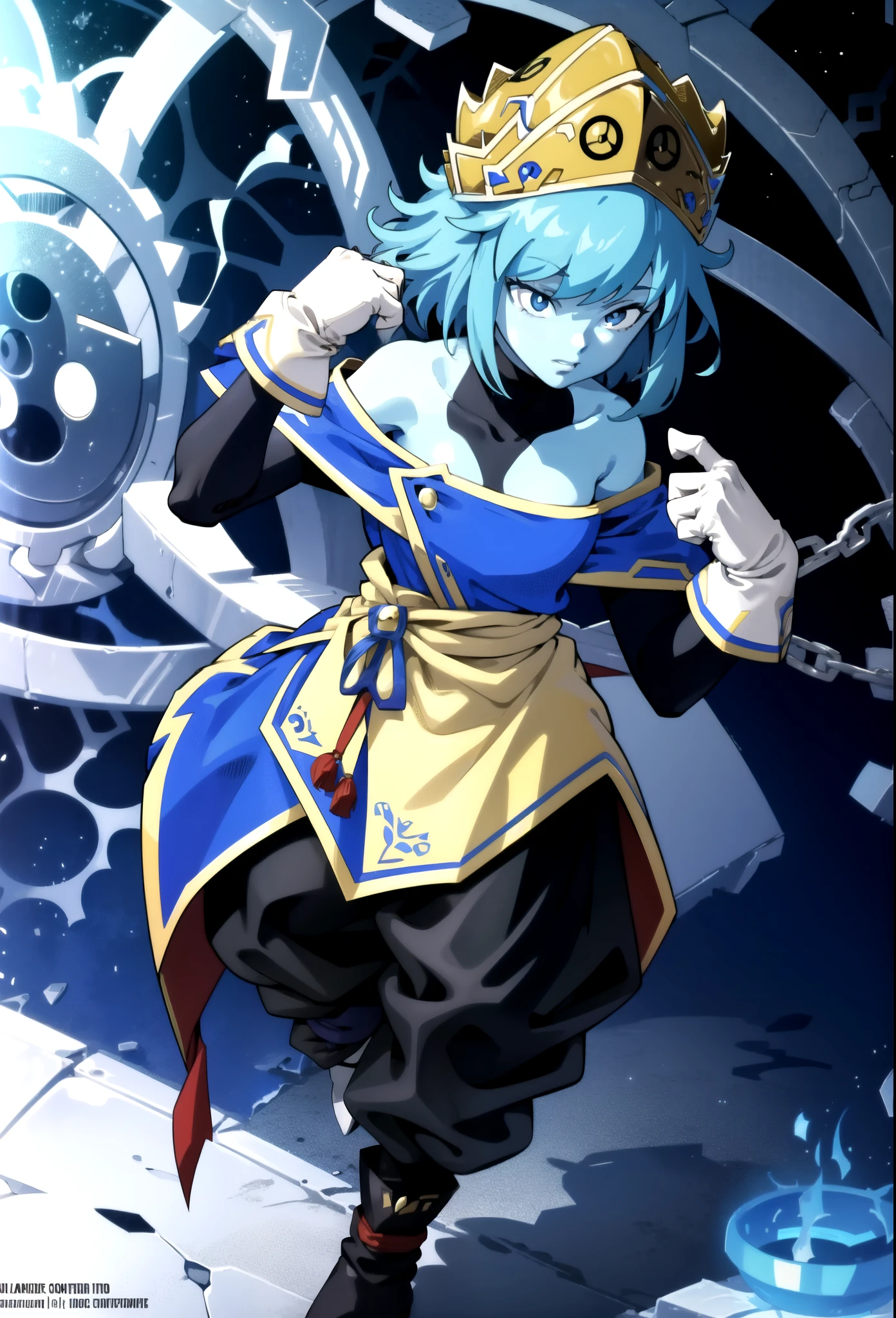 Aeos, 1girl, short hair, gloves, bare shoulders, blue hair, boots, pants, white gloves, off shoulder, colored skin, turtleneck, crown, blue skin
