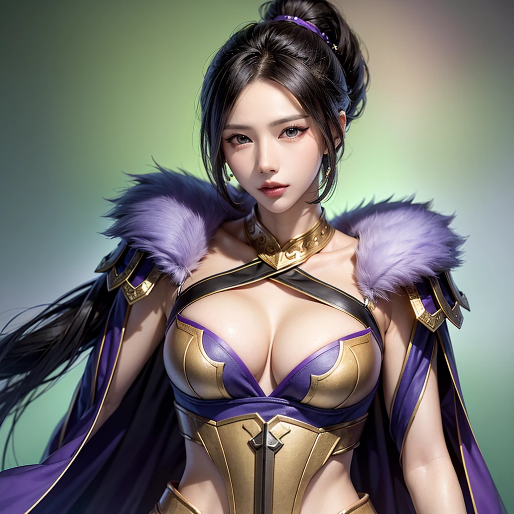 Close-up of a woman in armor and a purple cape, One person,wavy Ponytail,Large breasts and cleavage,Highly detailed face and skin texture,Looking into the camera,Perfect beauty: 1.4, fine grain,double eyelid, Whitening skin,Highest quality,Ultra-high resolution,Simple Background,Chinese Warrior