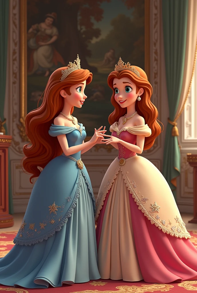 Sleeping Beauty in a pink dress, Ariel in a blue dress and Belle in a yellow dress. as 3 in a sleepover night having fun 