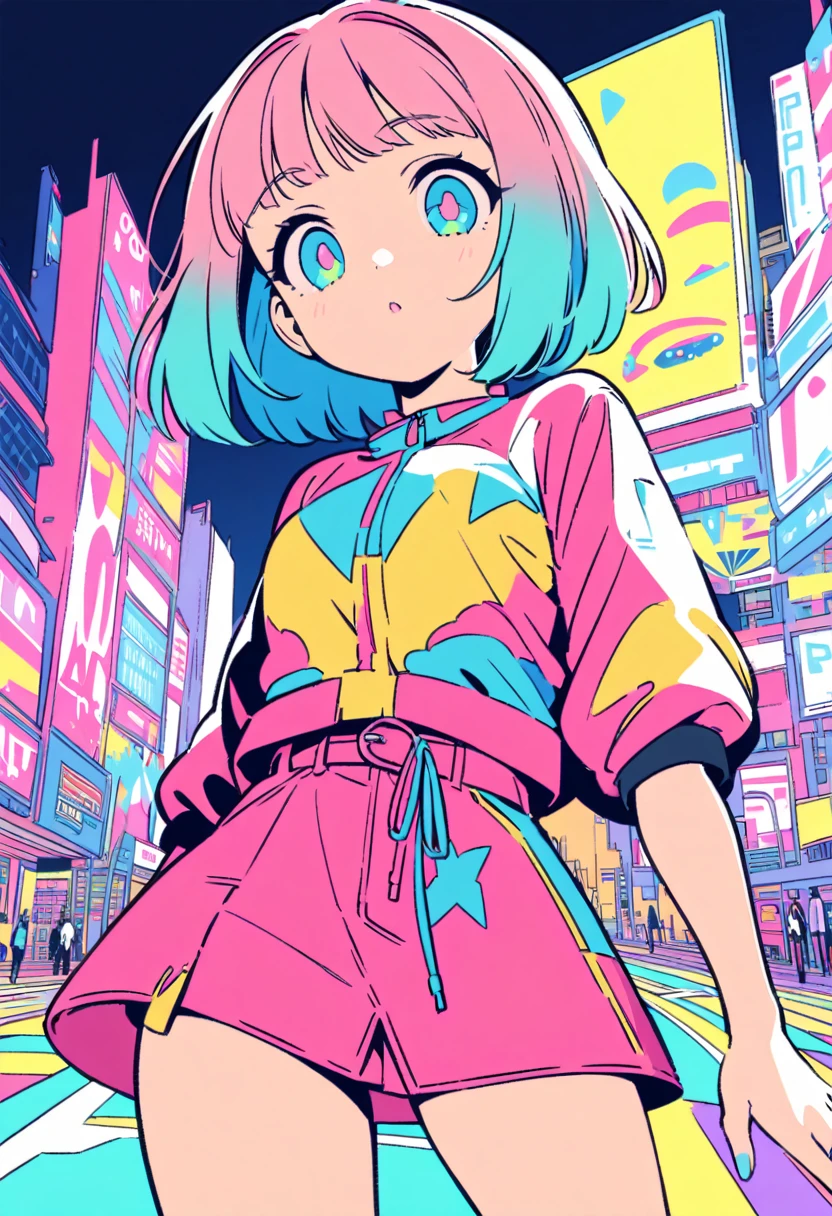 masterpiece, best quality, beautiful detailed eyes, ultra-detailed, finely detail, highres, perfect anatomy, colorful, Pastel Colors, 1girl, solo, city pop illustration, city pop arts, simple background, retro style, vaporwave city pop, 1980s city pop, city pop anime, car, retoro style, 1980s fashion, cowboy shot, Kyoto Animation, flat color