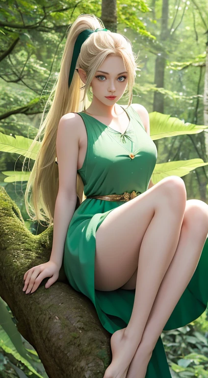 a fairy with long silky blond hair in a ponytail, pointed ears, green eyes, thin lips, round face, short sleeveless green dress, medium breasts, wide hips, thick thighs, fairy wings on the back, barefoot, sitting on a tree branch, magical forest background