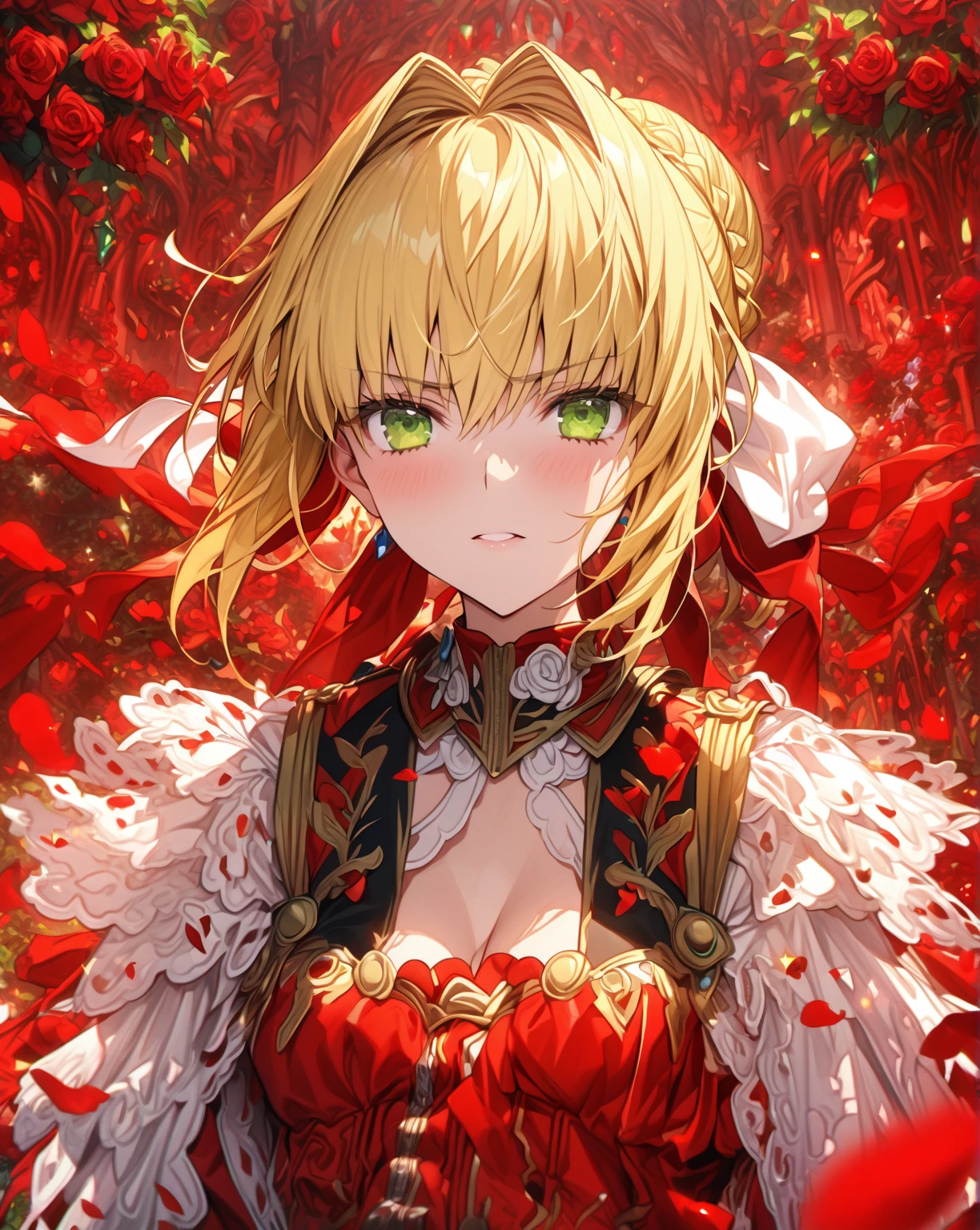 absurdres, highres, ultra detailed, HDR, master piece, Nero Claudius, blonde hair tied in a bun, expressive green eyes, Saber, red dress, sexy woman, best quality, Fate Grand Order, garden, solo, fantasy, magical, sensual, glittering, accessories, red ribbon, red magic, red petals, red roses,