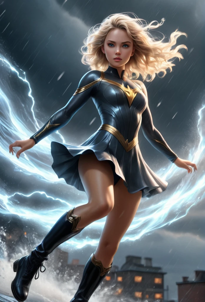masutepiece, Best Quality, Agrias, grey sweater, Black Leotard, twirl, spin, Blonde hair, Superhero, long boots, tornado, Whirlwind, Solo, Bare legs, billowing, Wind-effect, Spinning into a tornado, Fast spin, to stand, Time travel, Space-Time Travel, highleg, Perfect hands, Perfect fingers, highleg leotard, Turning on the power, Tornado spiral