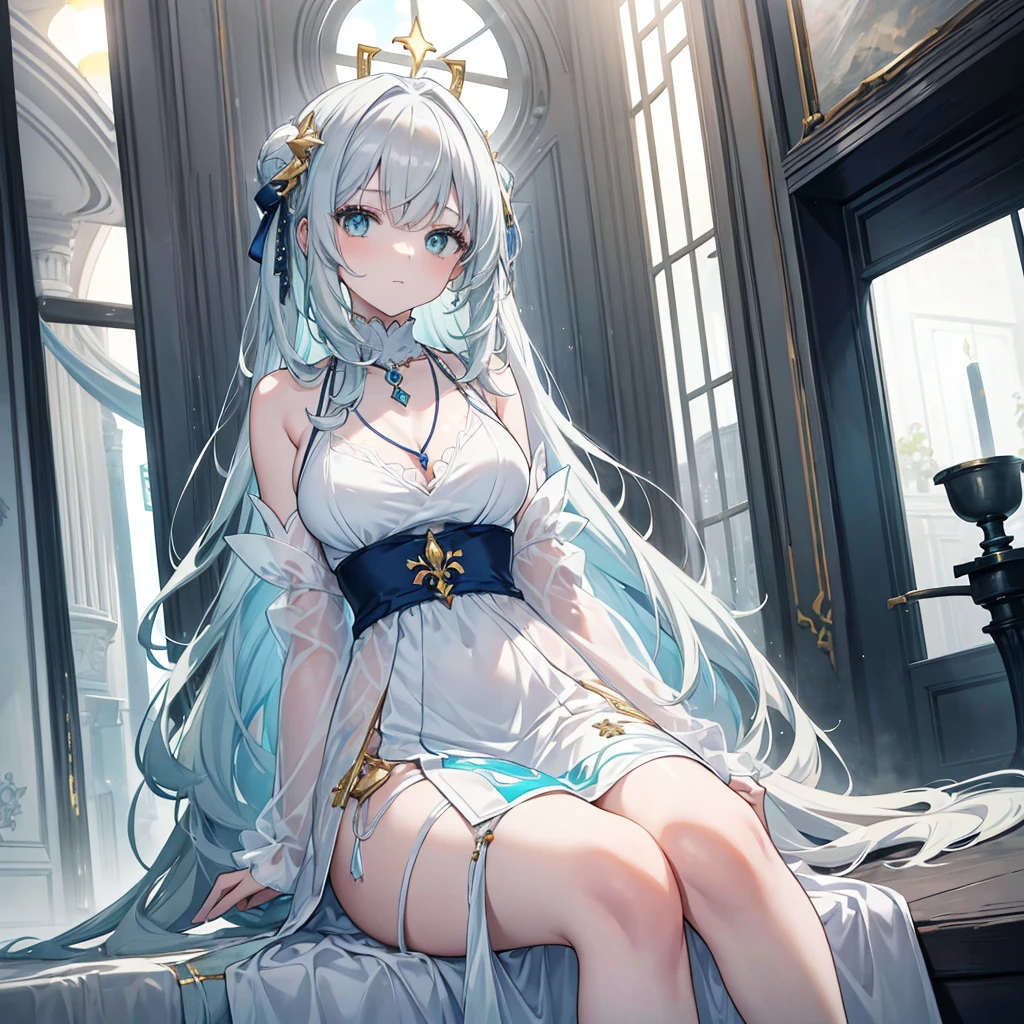 A woman with silver hair and blue eyes、Long, fluffy wavy hair、Braiding、Wearing lingerie、garter belt、race、Classy and elegant、I'm in bed