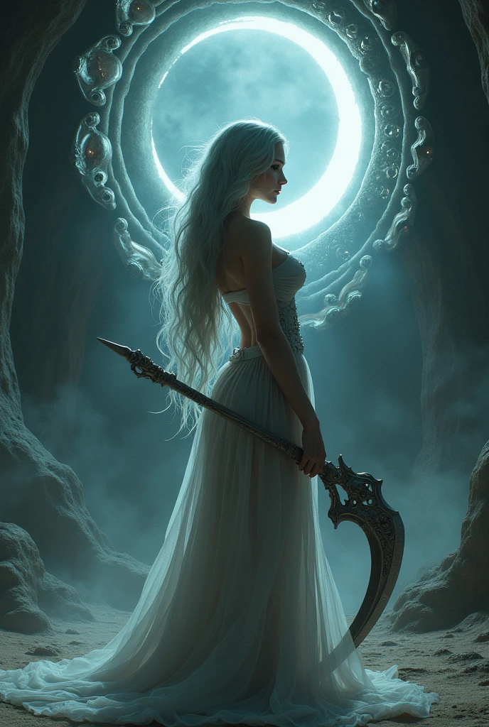 The words "INFINITY" written in large letters at the bottom of the screen, A girl wielding a huge scythe, a scythe larger than her body, ((masterpiece, highest quality, Highest image quality, High resolution, photorealistic, Raw photo, 8K)), ((Extremely detailed CG unified 8k wallpaper)), (huge stunning goddess shot, very hot and sexy, jaw-dropping beauty, perfect proportions, beautiful body, slim body beauty:1.4), A girl wielding a huge scythe, movie poster, (a huge scythe:1.5),