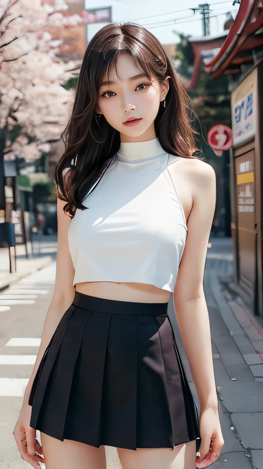((Realistic lighting, Best quality, 8K, Masterpiece: 1.3)), Focus: 1.2, 1girl, Perfect Figure: 1.4, Slim Abs: 1.1, ((Dark brown hair)), (White dress: 1.4), (Outdoor, Night: 1.1), City streets, Super fine face, Fine eyes, Double eyelids,