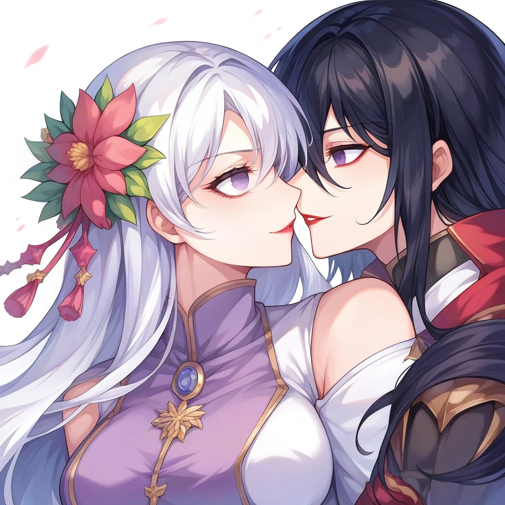 score_9, score_8_up, score_7_up, source_anime, BREAK, ((alp)), 2girls, ninguang genshin impact beidou genshin impact, embracing eachother, looking at viewer, blush, embarassed, breast press, yuri, conjoined