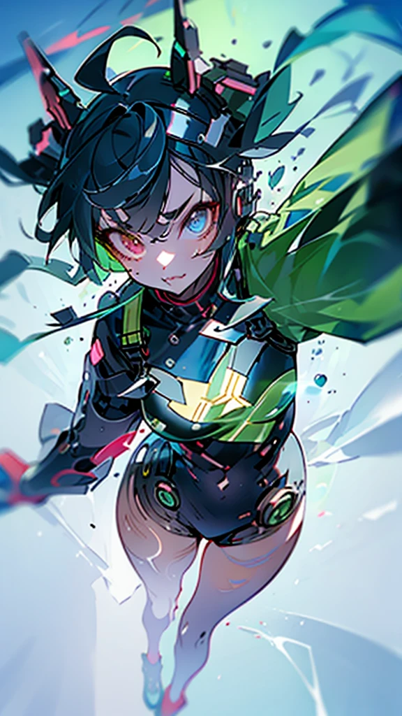 One girl, High resolution, Cyberpunk Outfit、Fluorescent color、Neon Colors、Eyes are symbols, The fangs are sharp, 
Crazy look、Odd Eye