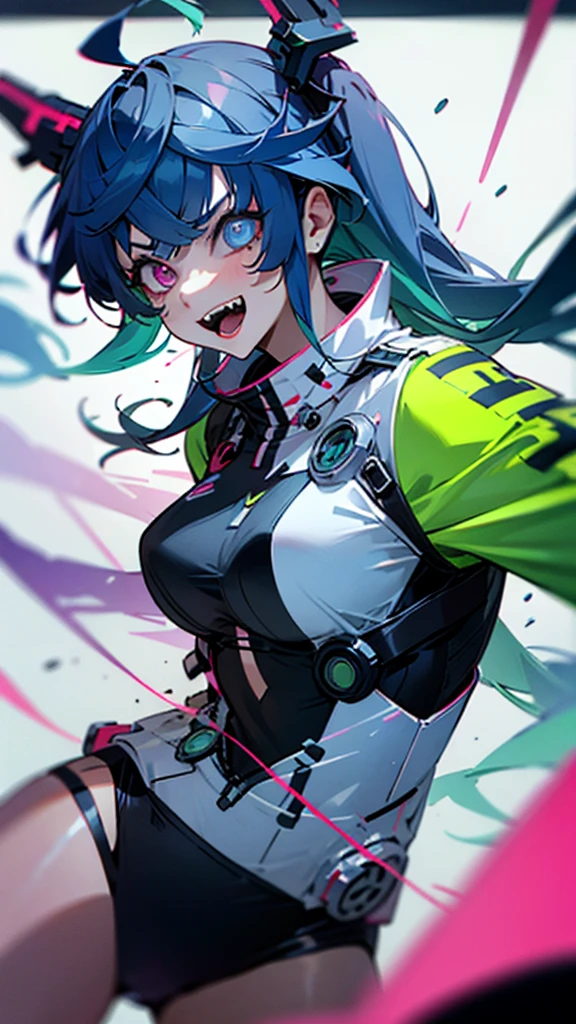 One girl, High resolution, Cyberpunk Outfit、Fluorescent color、Neon Colors、Eyes are symbols, The fangs are sharp, 
Crazy look、Odd Eye