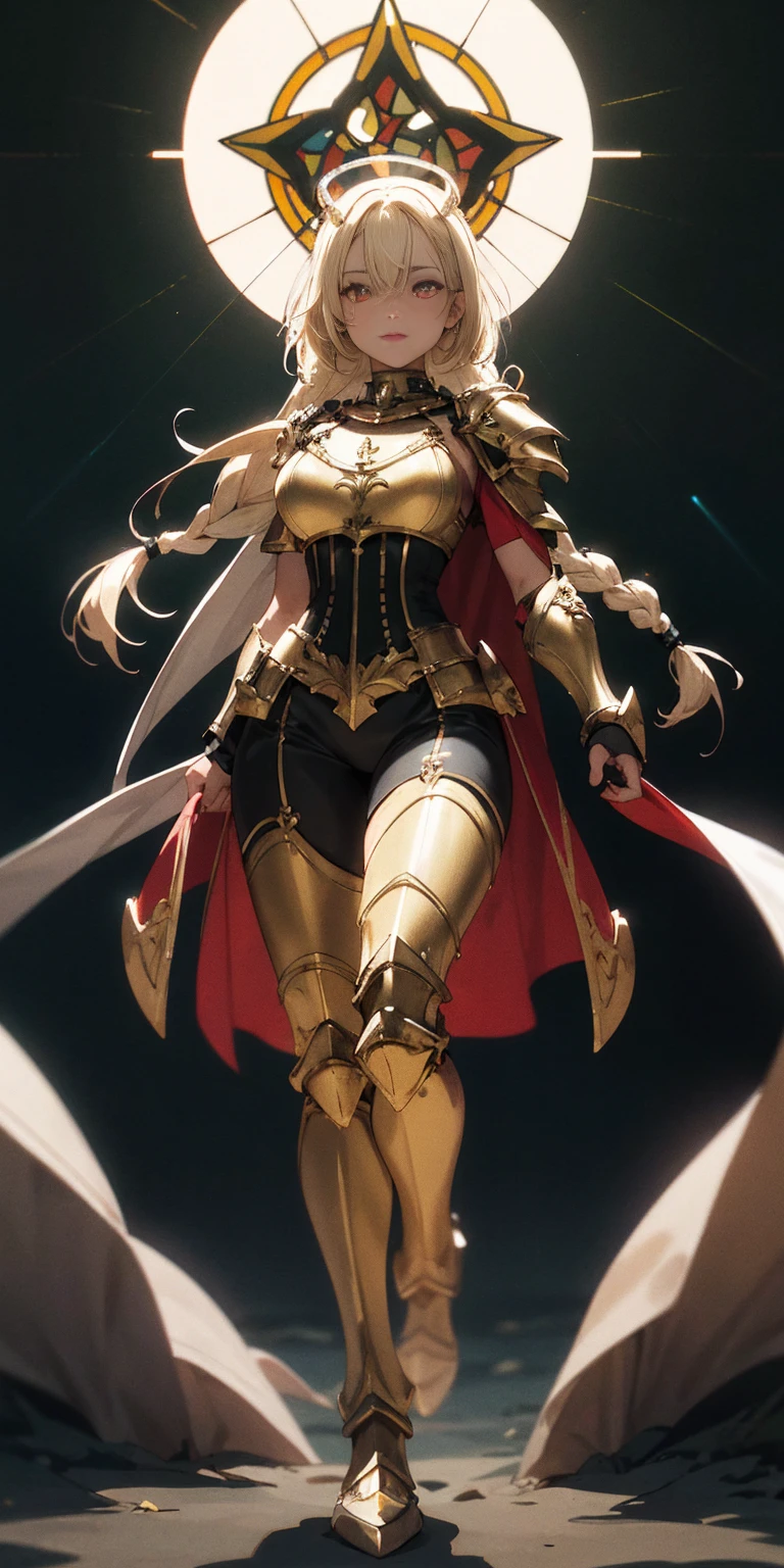 full body of paladin lady in ornate golden armor, black collar, pauldrons, breastplate, corset, glowing halo, single braid, blonde, yellow glowing eyes, bright pupils, eye focus, red cape, temple indoors, stained glass windows, night, moonlight, particles, light beam, chromatic aberration