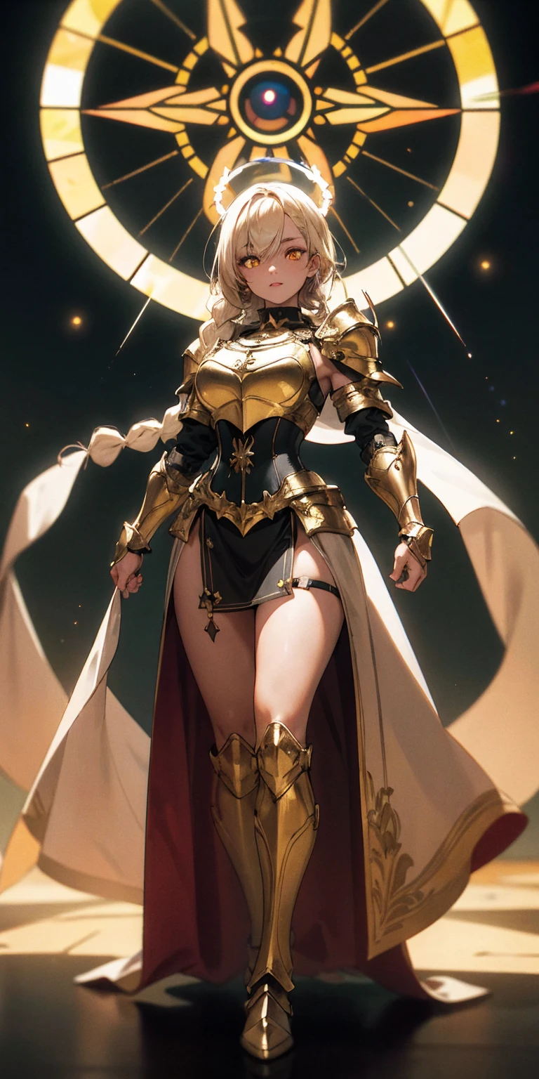 full body of paladin lady in ornate golden armor, black collar, pauldrons, breastplate, corset, glowing halo, single braid, blonde, yellow glowing eyes, bright pupils, eye focus, red cape, temple indoors, stained glass windows, night, moonlight, particles, light beam, chromatic aberration