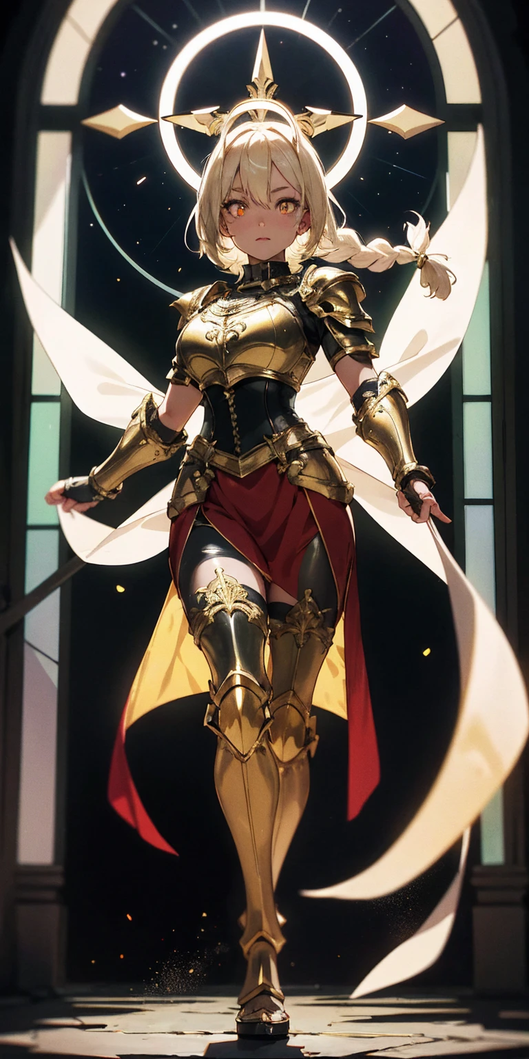 full body of paladin lady in ornate golden armor, black collar, pauldrons, breastplate, corset, glowing halo, single braid, blonde, yellow glowing eyes, bright pupils, eye focus, red cape, temple indoors, stained glass windows, night, moonlight, particles, light beam, chromatic aberration