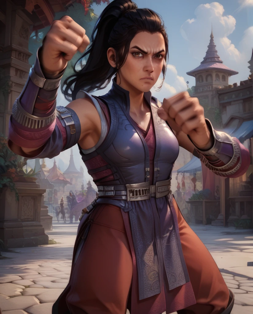 score_9,score_8_up,score_7_up,score_6_up,
limeixl,black hair,brown eyes,ponytail,dress,pelvic curtain,
vest,detached sleeves,red pants,purple gauntlets,clenched hand,
looking at viewer,fighting stance,
fantasy,marketplace,solo,