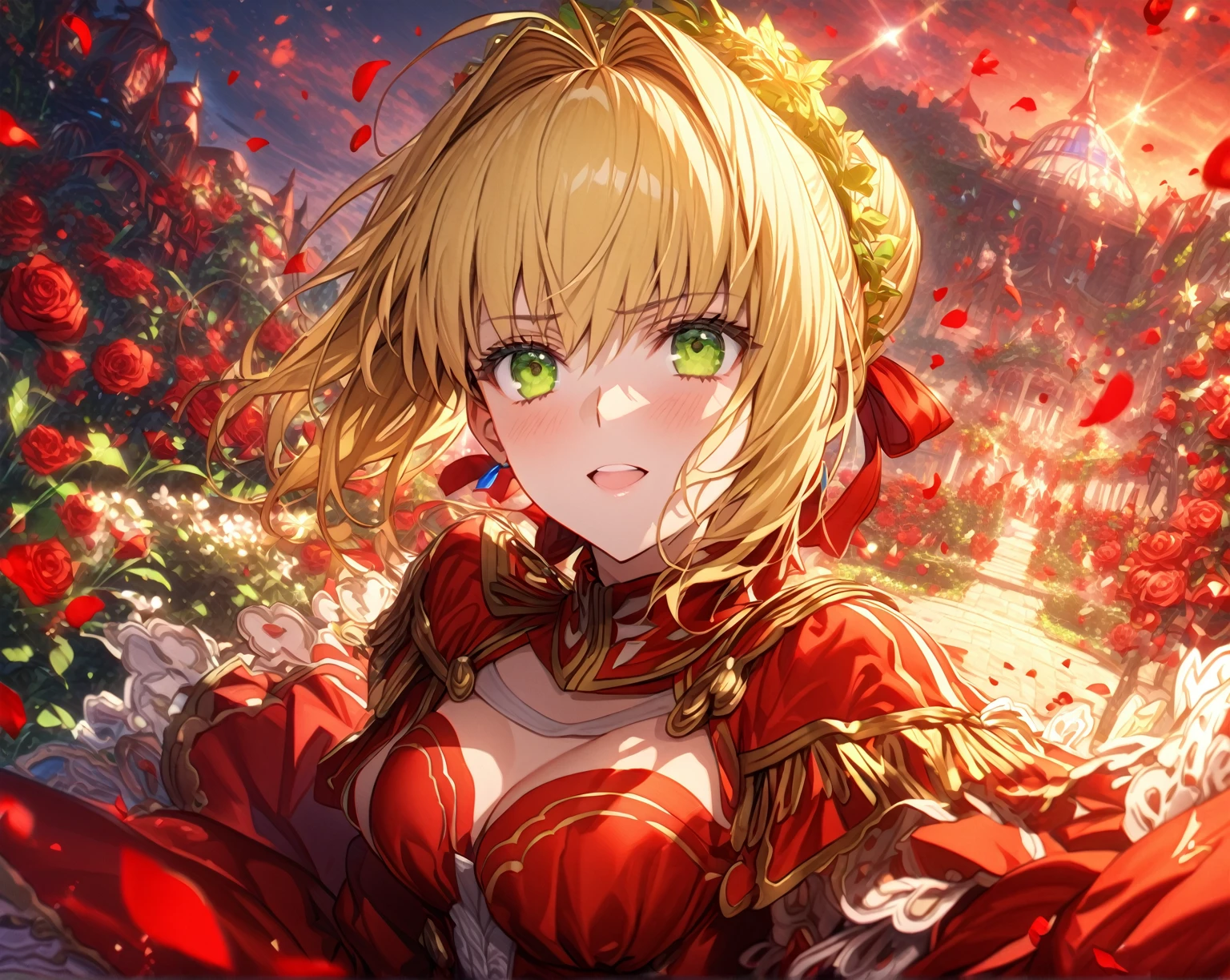 absurdres, highres, ultra detailed, HDR, master piece, Nero Claudius, blonde hair tied in a bun, expressive green eyes, Saber, red dress, sexy woman, best quality, Fate Grand Order, garden, solo, fantasy, magical, sensual, glittering, accessories, red ribbon, red magic, red petals, red roses, sky, happy