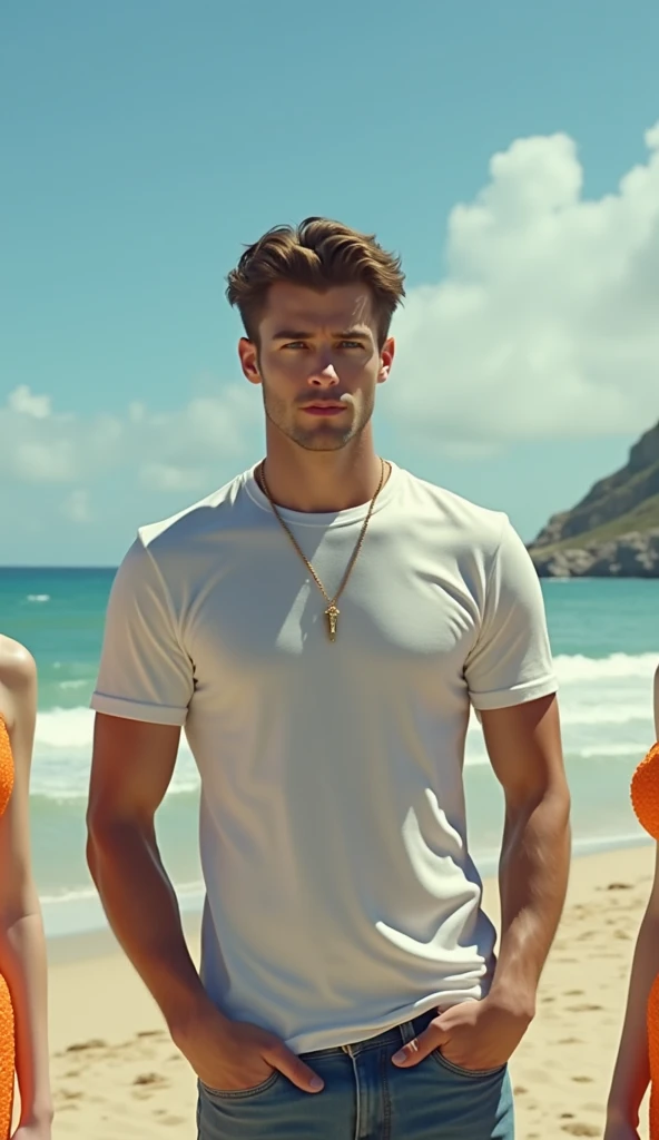 For this man is being flanked by two beautiful women in orange clothes ...