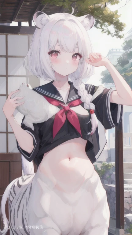 (best quality, masterpiece), 1 girl, centaur, I beg, White skin, Japanese schoolgirl,daughter,black pink, exposing the abdomen, belly button t-shirt , beautiful girl perfect, White tiger photo, 완벽한 White tiger photo