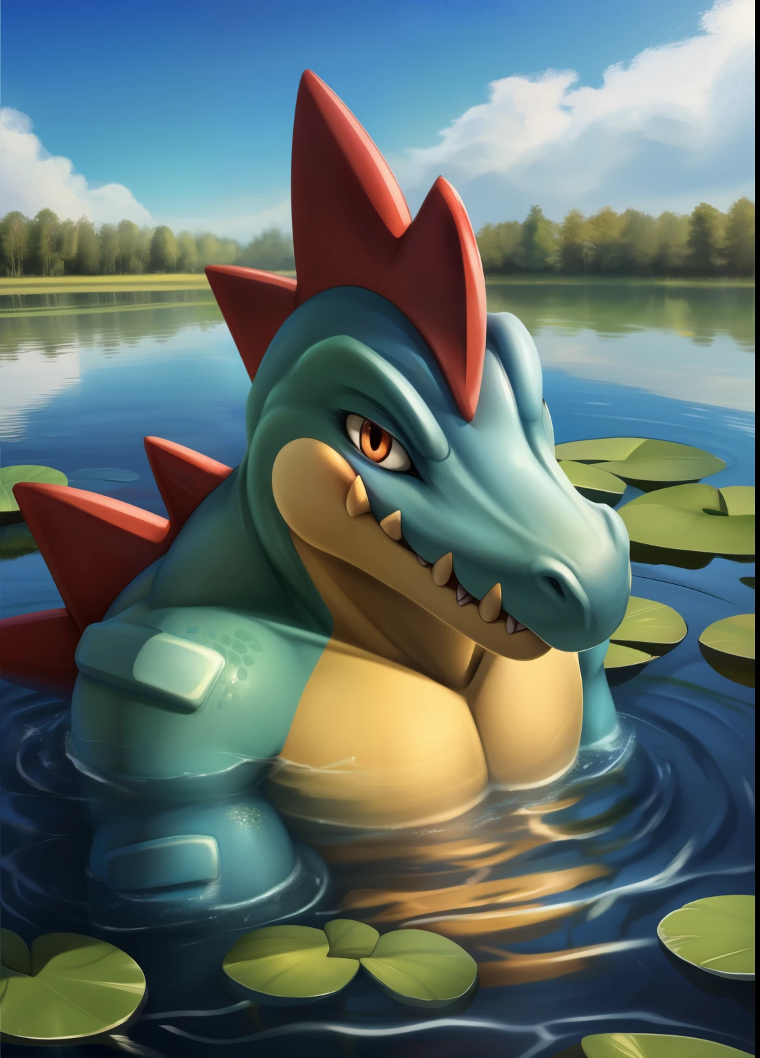 feraligatr, scalie male anthro, reptile boy, portrait, tranquil, solo, scales, (best quality), (marshland pond background:1.2), day, detailed, looking at viewer, sharp teeth, partially submerged, 