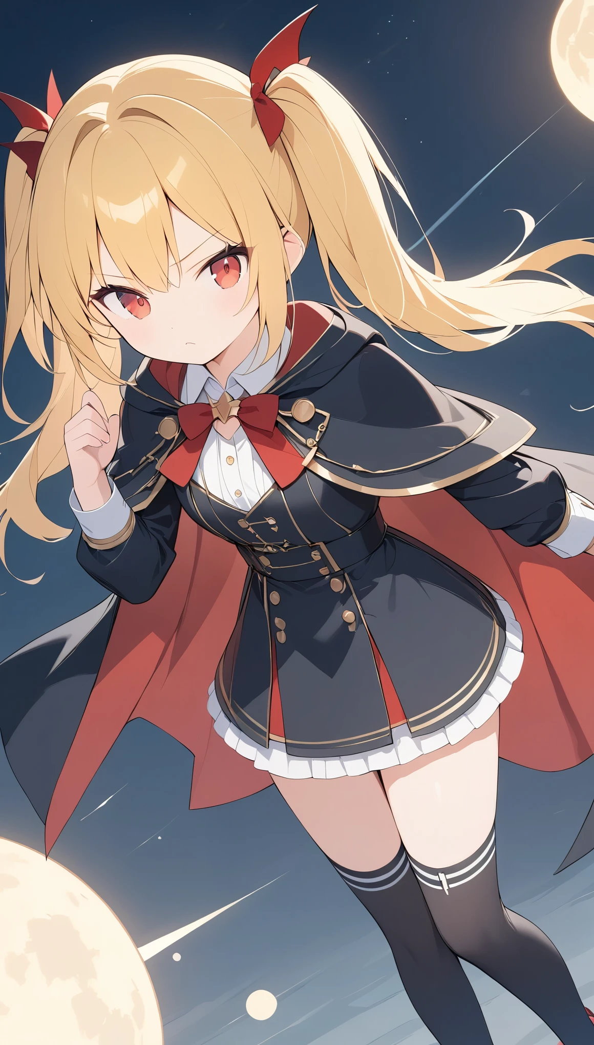 Angle from above、Digital Art、(Amazingly absurd),(Representative works:1.2),超High resolution,Attention to detail,high quality,High resolution,最high quality,4K,8k,Young Vampire,girl,Bat wings on the back,Red eyes,Yellow Hair,Twin tails,Make a roaring pose,Finger gap,Wear a high-collared cape,Pitch black cloak,night,Big full moon、Bathed in the moonlight、Shining Edges、Confused eyes、Frowning、whole body、Knee-high socks、underwear, panties、