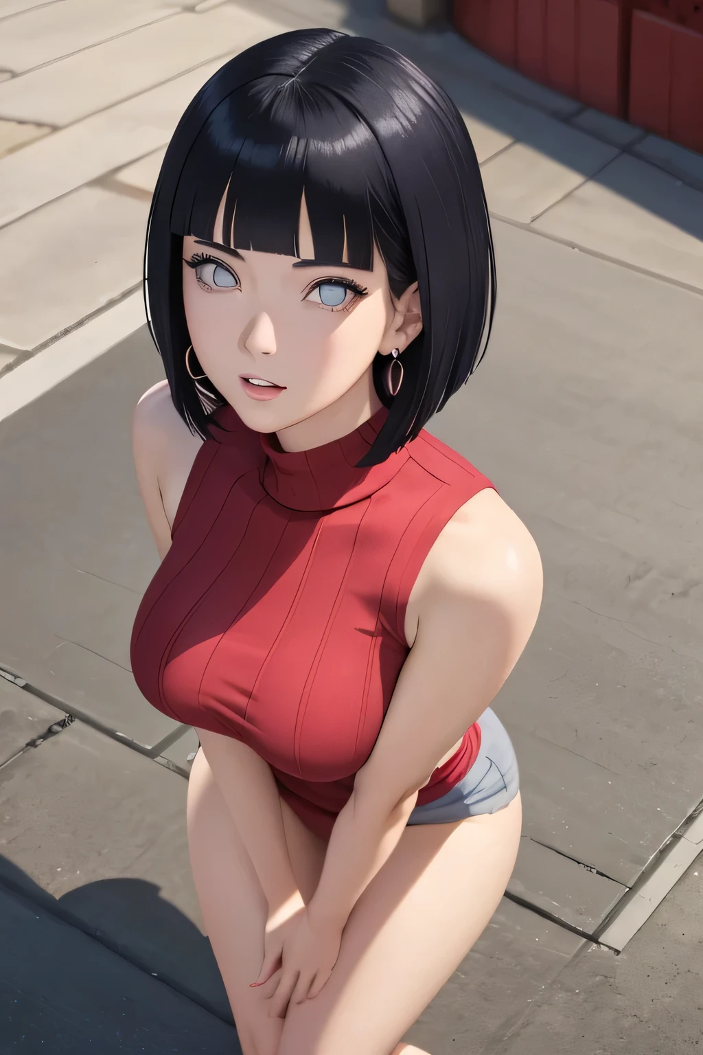 masterpiece] [realistic] Hyper realistic, anime [Hyuga Hinata] is very sexy red sweater Shoulder body, Big Breast poses [naughty 1.3] showing off  poses.face in great [detail] 8k, grey Bob hair cut, Beautiful face is very detailed and perfect, beautiful eyes, high nose, pink lips,Sexy body is very tempting,high resolution, best quality, natural beauty, The photo texture is hard and very sharp, the nipple pops out ,Small and elegant earrings , looking at viewer from above 