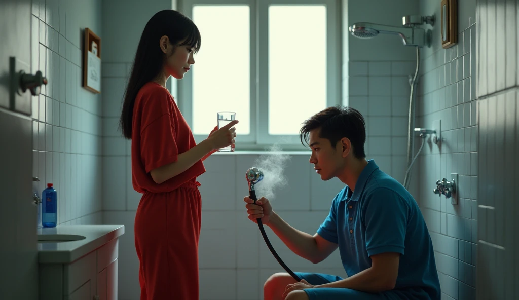 At home,Guy in black suit used a knife to aim a Thai teenage boy, white skin age 18years old who standing naked.beautiful clear picture, masterpiece, 2 person in picture.