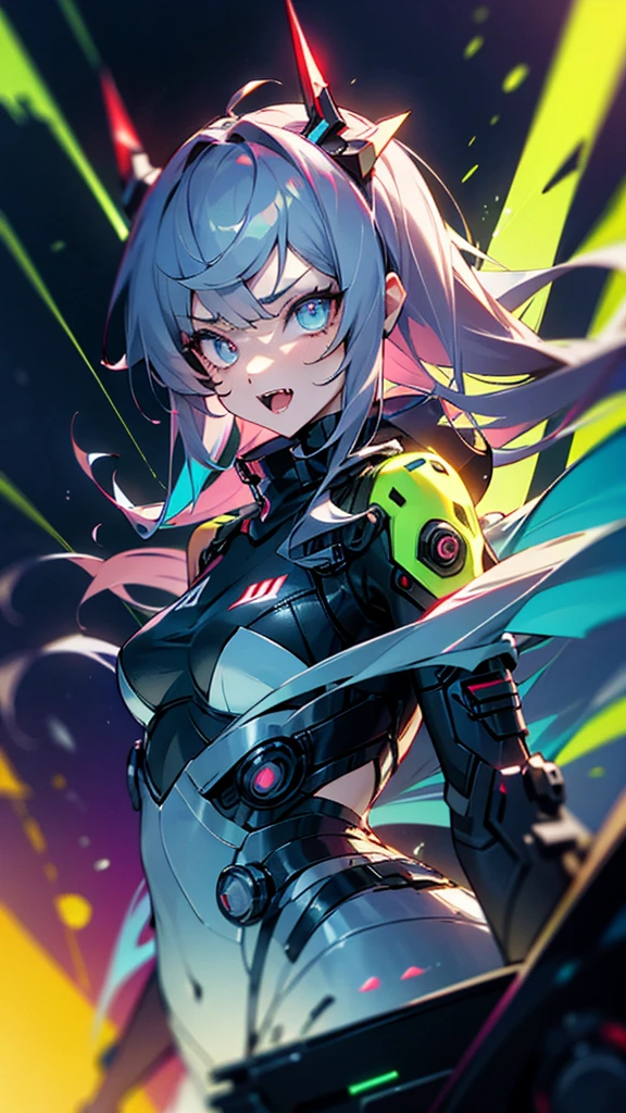 One girl, High resolution, Cyberpunk Outfit、Fluorescent color、Neon Colors、Eyes are symbols, The fangs are sharp, 
Crazy look、Odd Eyeダイナミックなアングル