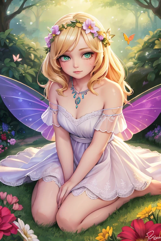 1 girl in a garden, portrait, flowers, butterflies, hummingbirds, bees, sitting on the grass, flower crown, blonde hair, green eyes, fair skin, fairy wings, white dress, barefoot, (best quality,4k,8k,highres,masterpiece:1.2),ultra-detailed,(realistic,photorealistic,photo-realistic:1.37),surreal,hyper detailed,fantasy,vibrant colors,dramatic lighting,volumetric lighting,beautiful detailed eyes,beautiful detailed lips,extremely detailed eyes and face,longeyelashes,mystical,ethereal