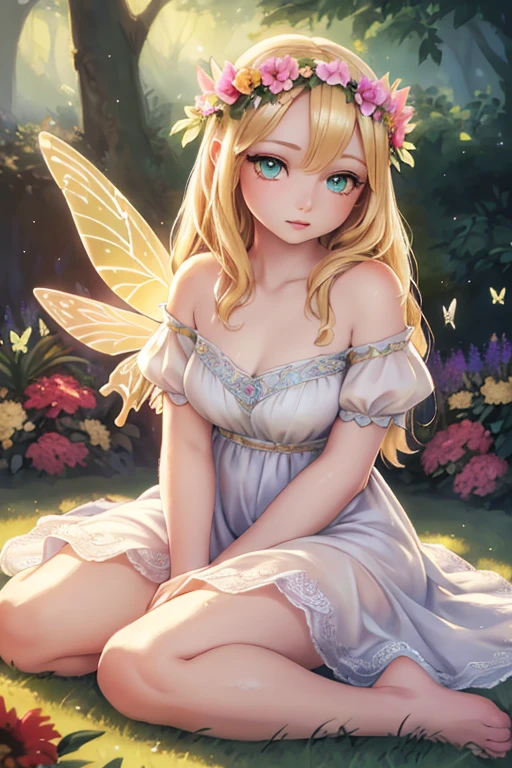 1 girl in a garden, portrait, flowers, butterflies, hummingbirds, bees, sitting on the grass, flower crown, blonde hair, green eyes, fair skin, fairy wings, white dress, barefoot, (best quality,4k,8k,highres,masterpiece:1.2),ultra-detailed,(realistic,photorealistic,photo-realistic:1.37),surreal,hyper detailed,fantasy,vibrant colors,dramatic lighting,volumetric lighting,beautiful detailed eyes,beautiful detailed lips,extremely detailed eyes and face,longeyelashes,mystical,ethereal