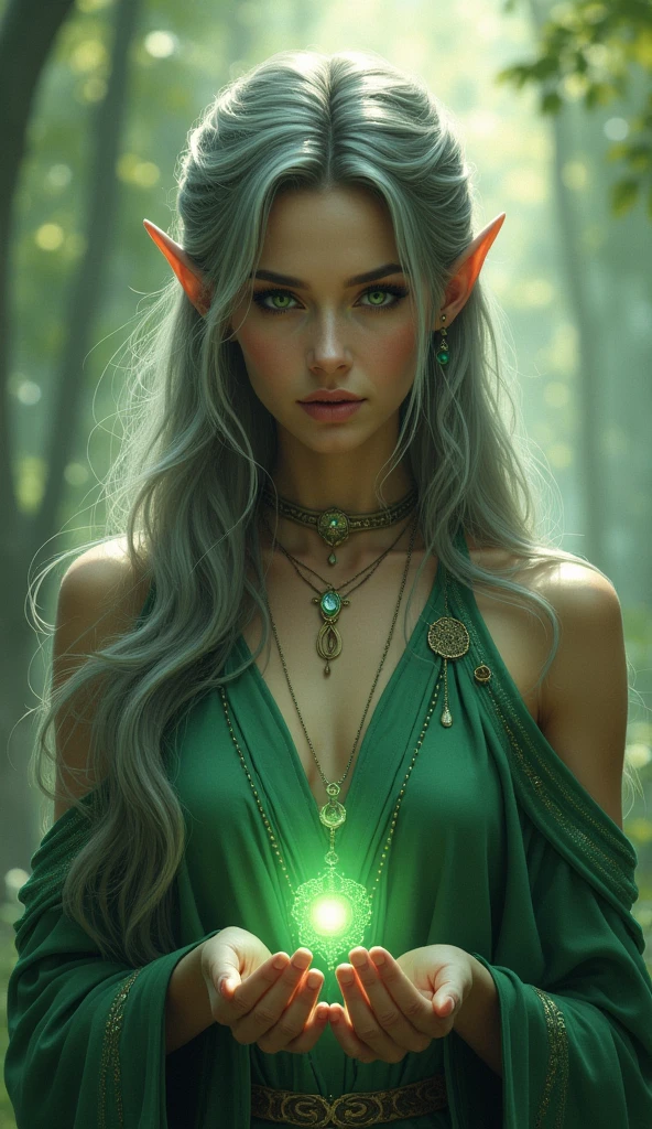 Masterpiece "Arya" a beauty  woman elf light-skinned  with a golden hue and long, straight silver hair, trains in a glowing forest. His green eyes watch intently, and his bioluminescent vine-shaped tattoo on his left arm glows softly. The scene has vibrant, bioluminescent lighting, with soft focus and ultra-detailed 3D rendering style.