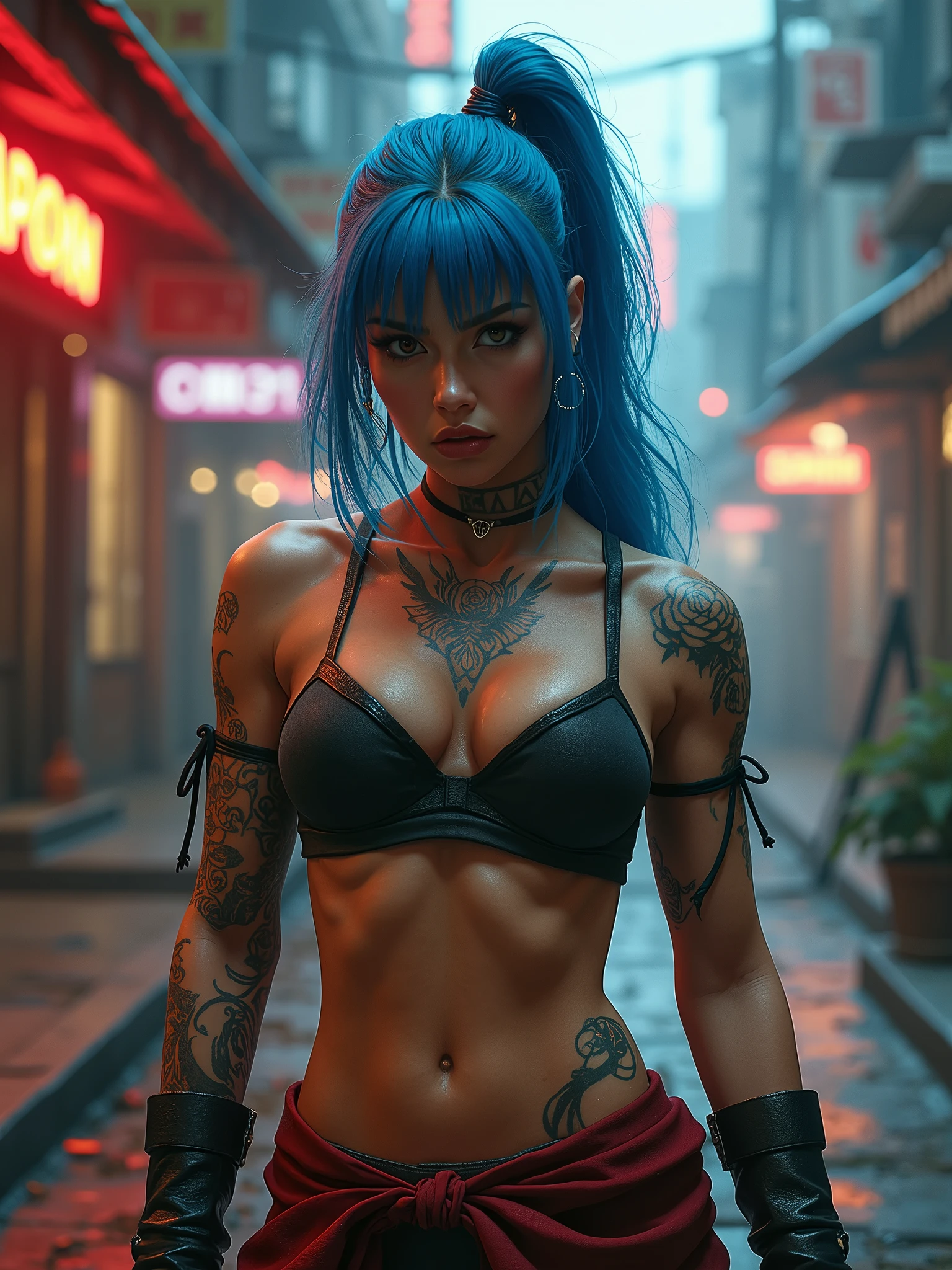 ((artwork)), ((detailed)), Jinx, wearing a bikini, on a darkly detailed street, alone, fog, blue lights, neat hair, two braids, sensual pose, sitting, Leg open to the camera, ((Perfect Anatomy)), detailed scenery, realistic, UHD, 8K