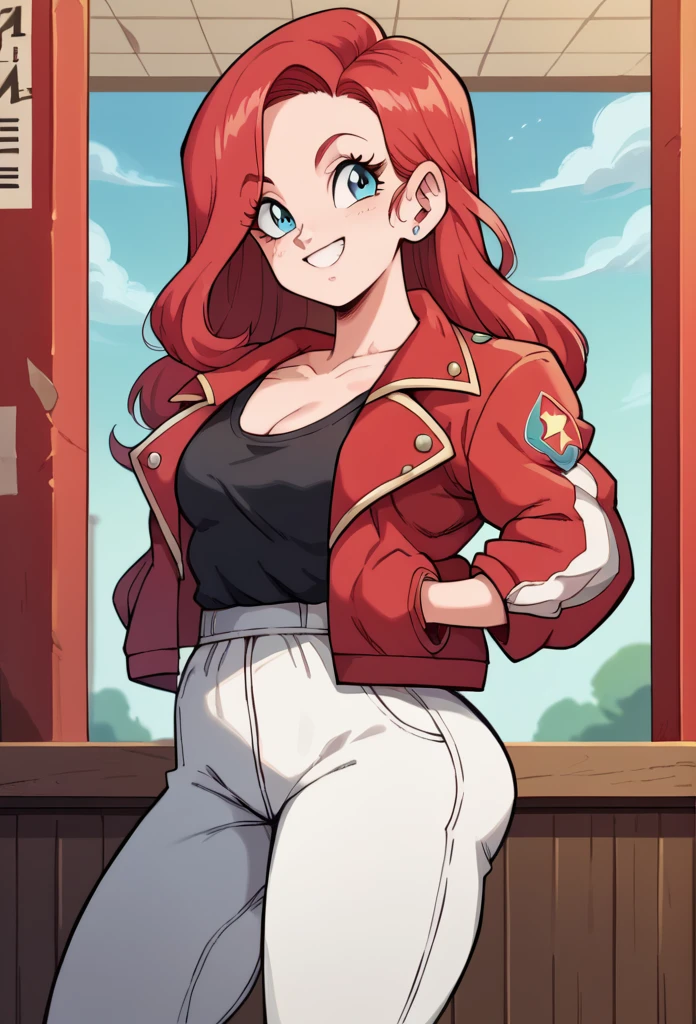 1 , Alone, long hair, red hair,high resolution, masterpiece, Anatomically correct, Necessary, high details, blue eyes,tight blouse , Black tank top,Red jacket, , white pants,thick thighs ,Smiling,